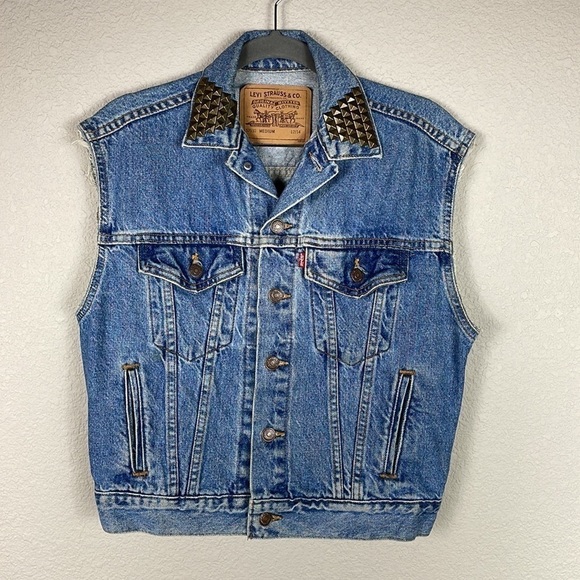 Vintage 90s Levis Studded Collar Indigo Blue Denim Trucker Vest Sz M - Picture 7 of 15